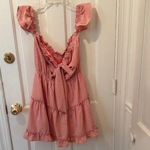 Dress up or down- very feminine Pink Polka Dot Ruffle Dress by Sage, sz S, lined